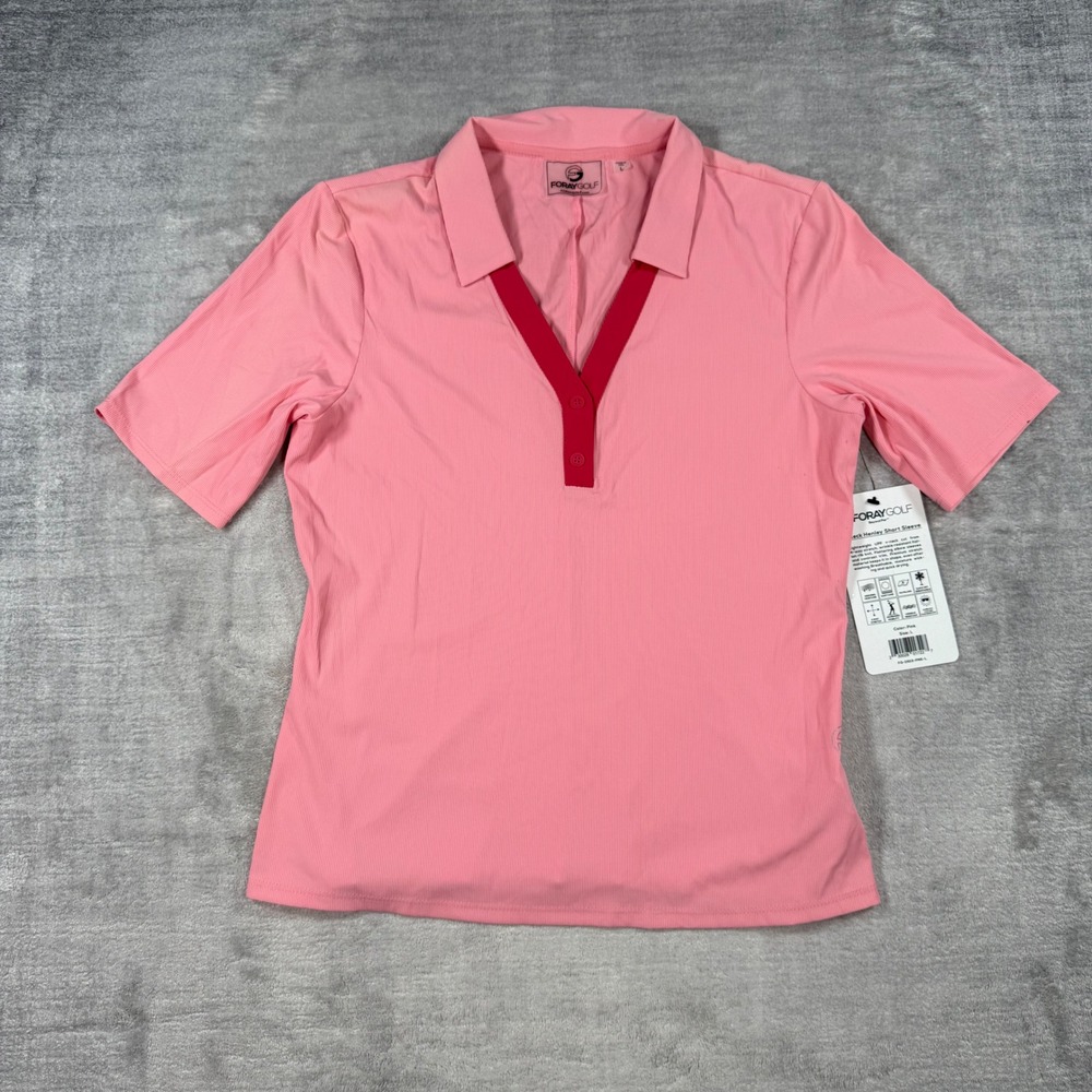 Foray Golf Shirt Womens Large Pink Ribbed Short Sleeve Polo V Neck Performance
